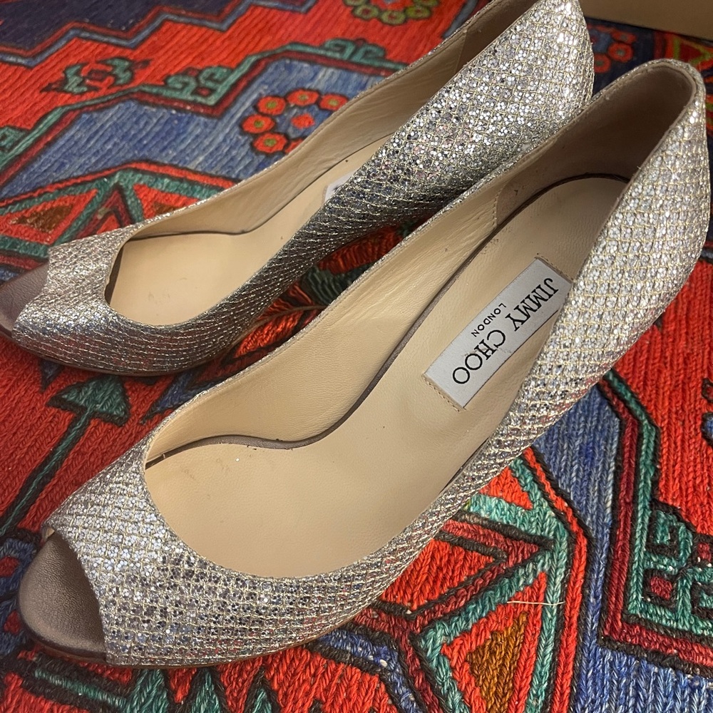 Jimmy Choo Silver Glitter Peep-Toe Heels